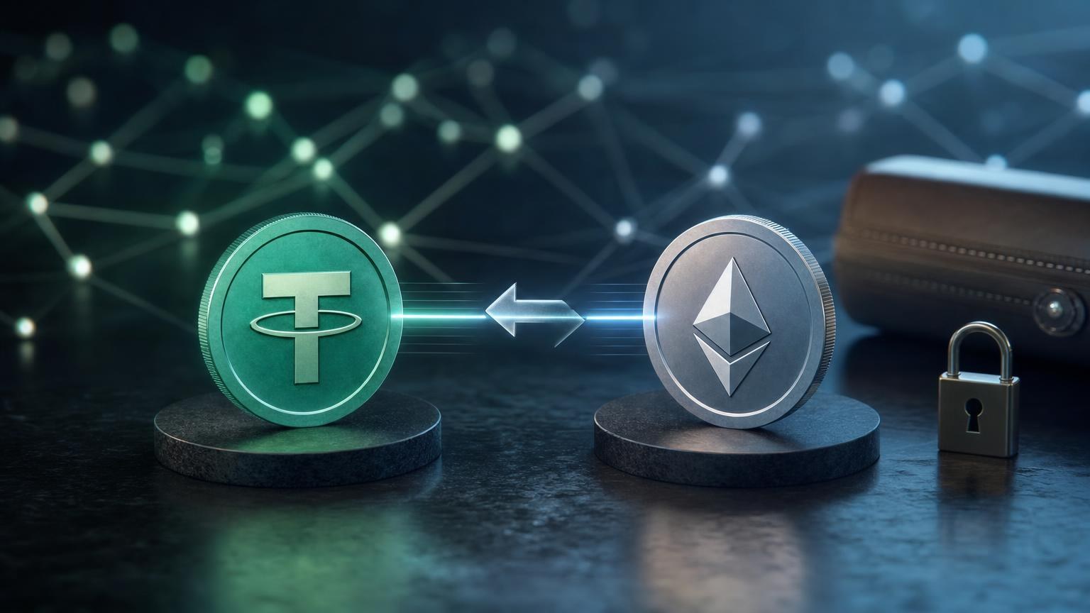 A wallet and exchange interface showing matched USDT deposit and ETH receiving networks before a cryptocurrency swap